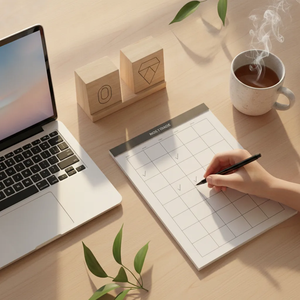 Main qui remplit un calendrier éditorial sur un bureau clair, à côté d'un ordinateur portable et d'une tasse de café