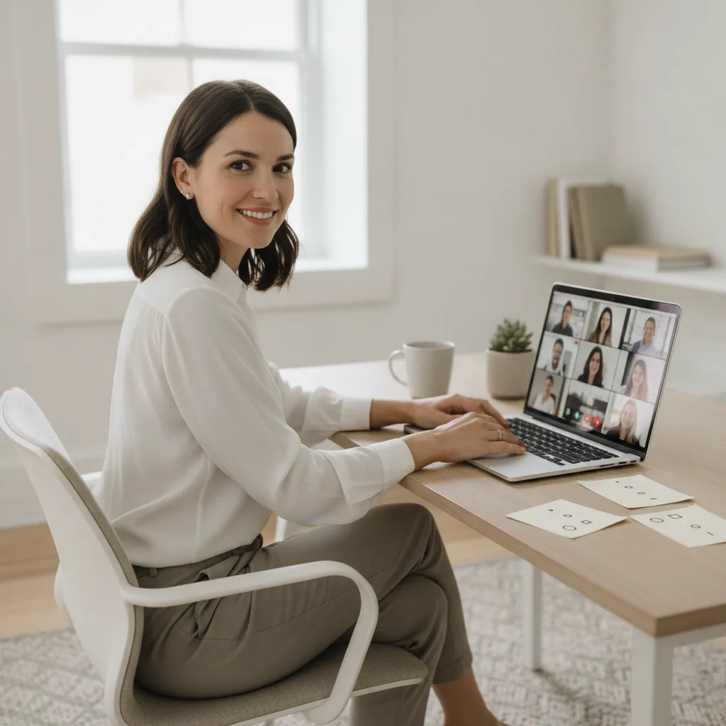 Femme souriante à son bureau pendant une visioconférence avec plusieurs participants