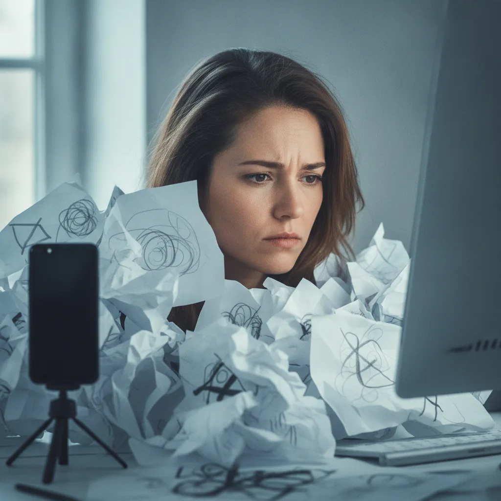 Femme pensive devant son ordinateur, entourée de feuilles froissées, un téléphone sur trépied posé devant elle